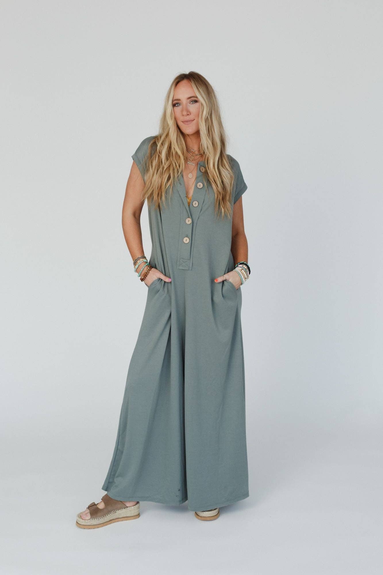 Davina Wide Leg Jumpsuit - Light Olive