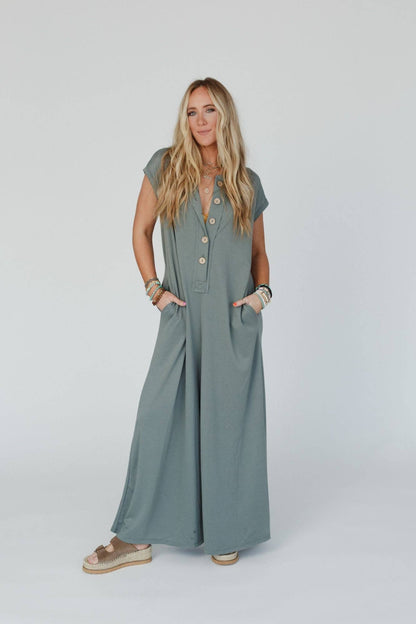 Davina Wide Leg Jumpsuit - Light Olive