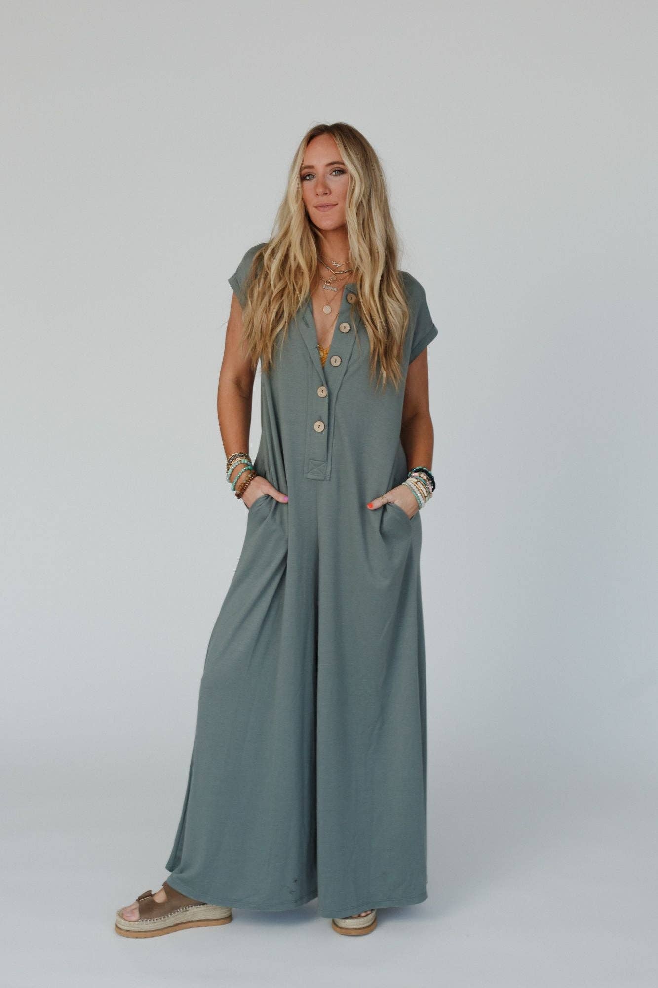 Davina Wide Leg Jumpsuit - Light Olive